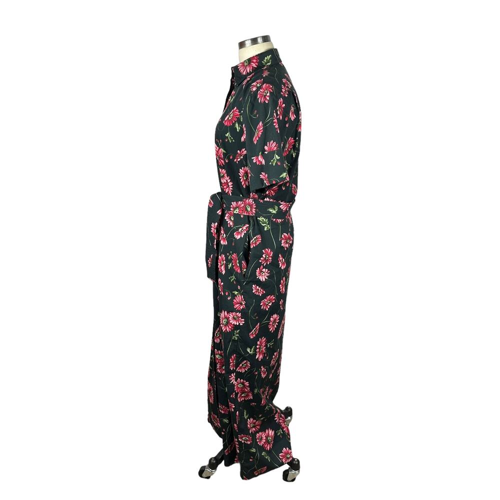 ADAM LIPPES Black Pink Floral Button Down Belted Shirt Dress Midi‎ Long Cotton - Picture 2 of 7
